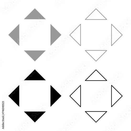 Four arrows pointing from the center symbol location set icon grey black color vector illustration image solid fill outline contour line thin flat style