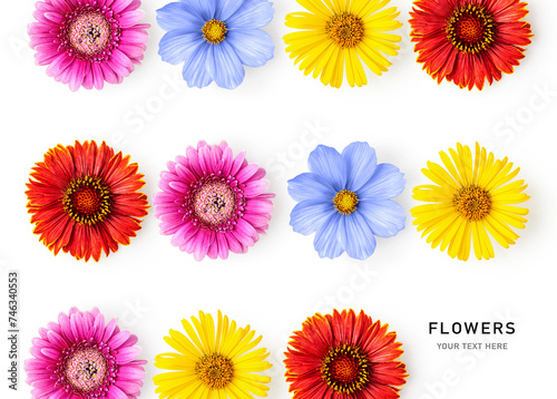 Fototapeta Naklejka Na Ścianę i Meble -  Summer flowers creative layout top view isolated on white background.