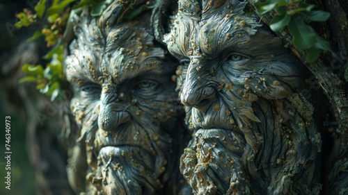 Mythical Forest Guardians, ancient trees with faces, whispering wisdom to those who listen