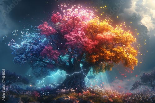 A lightning-struck tree blossoming into a rainbow of flowers, a symbol of power and rebirth in a fantasy world © charunwit