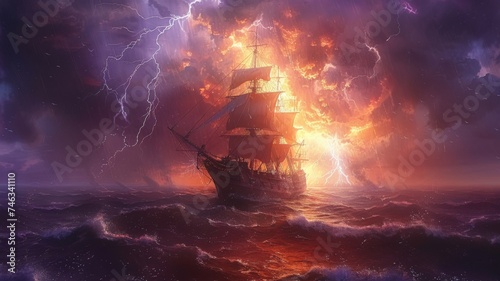 A spectral ship sailing through a stormy sea  guided by lightning and a rainbow compass