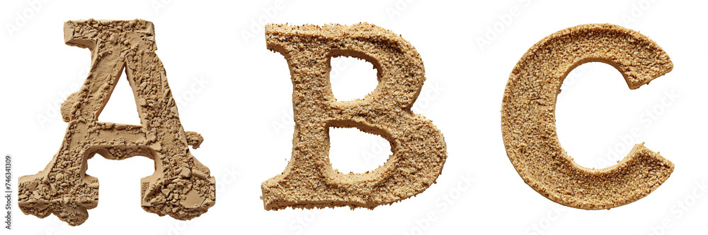 Letters A B C Made of Textured Sand Isolated on Transparent or White Background, PNG Letters A B C Made of Textured Sand Isolated on Transparent or White Background, PNG