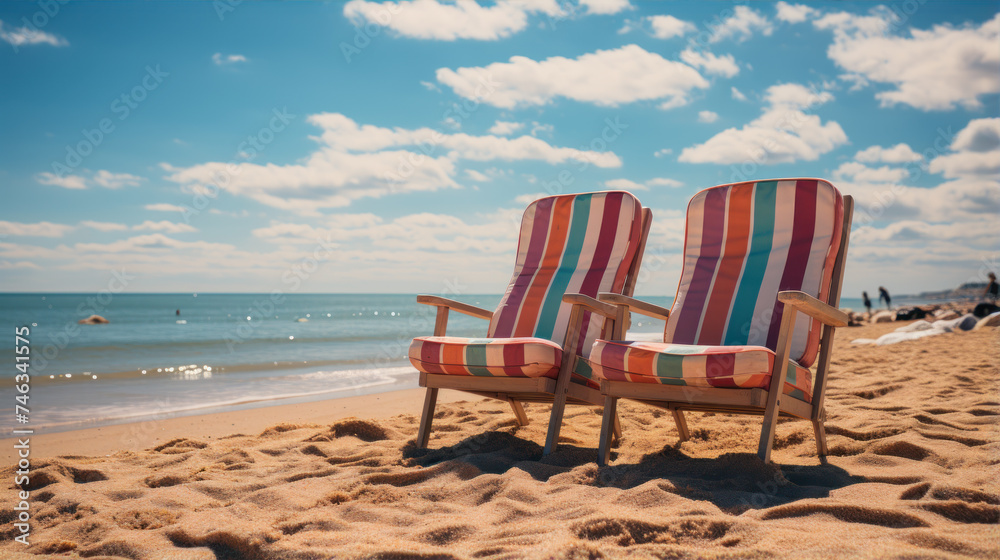 Relaxing chairs on the beach, sunbathing, vacationing