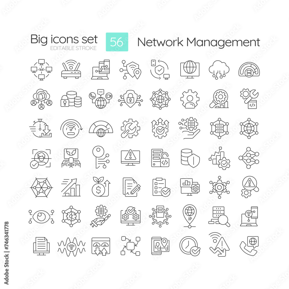 Network management linear icons set. System architecture, digital administration. Performance monitoring. Customizable thin line symbols. Isolated vector outline illustrations. Editable stroke