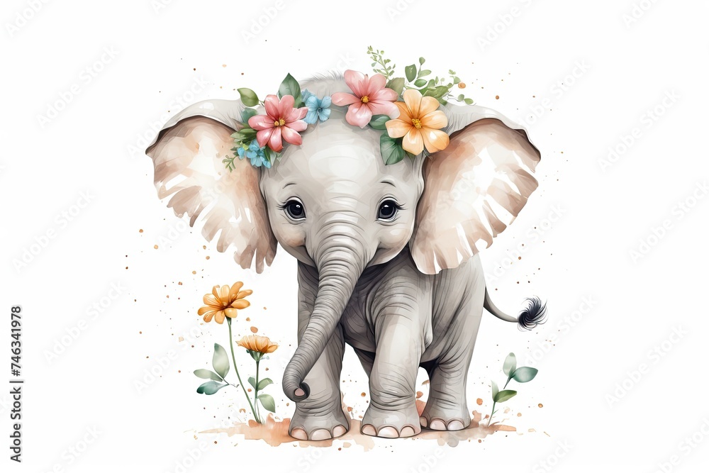 Baby elephant with flower, nursery art style, birthday invitations, white background