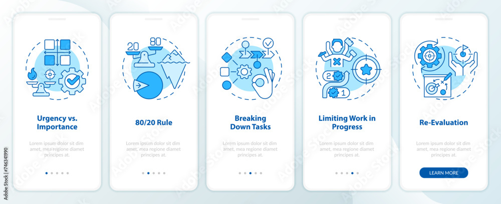 Prioritization principles blue onboarding mobile app screen. Walkthrough 5 steps editable graphic instructions with linear concepts. UI, UX, GUI template. Myriad Pro-Bold, Regular fonts used
