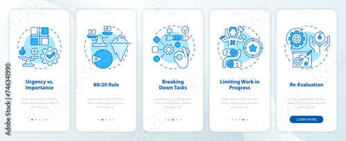 Prioritization principles blue onboarding mobile app screen. Walkthrough 5 steps editable graphic instructions with linear concepts. UI, UX, GUI template. Myriad Pro-Bold, Regular fonts used photo