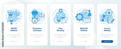 Prioritization techniques blue onboarding mobile app screen. Walkthrough 5 steps editable graphic instructions with linear concepts. UI, UX, GUI template. Myriad Pro-Bold, Regular fonts used