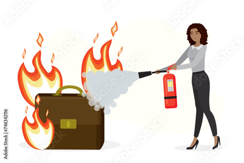 The concept of psychotherapy for work. Tired businesswoman uses fire extinguisher to extinguish burning briefcase. flat vector