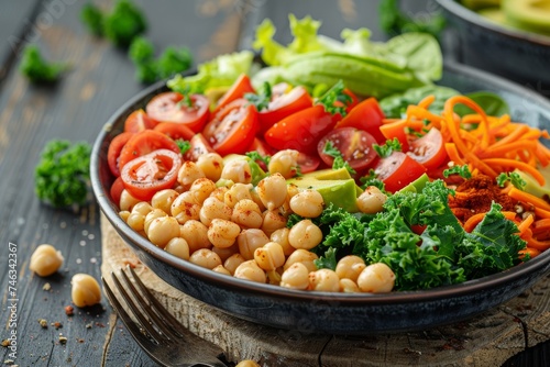Bowl of Vegetables and Chickpeas on Wooden Table