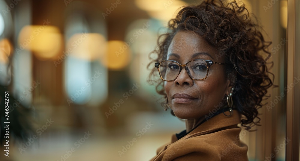 Confident black senior businesswoman in a stylish blazer and glasses, emanating experience and wisdom. Leadership, experience in the workplace, and the dignified aging of professional women.