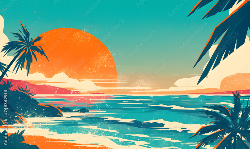 where a bold orange sun meets cyan skies and a teal ocean, Generative AI where a bold orange sun meets cyan skies and a teal ocean, Generative AI