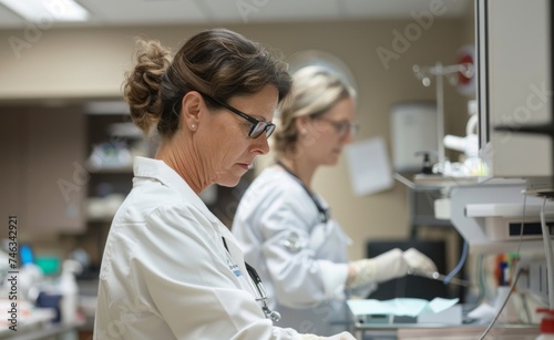 Dedicated healthcare professionals conducting medical research in a laboratory setting. Scientific discovery, dedication to patient care, and the rigorous process behind medical advances.
