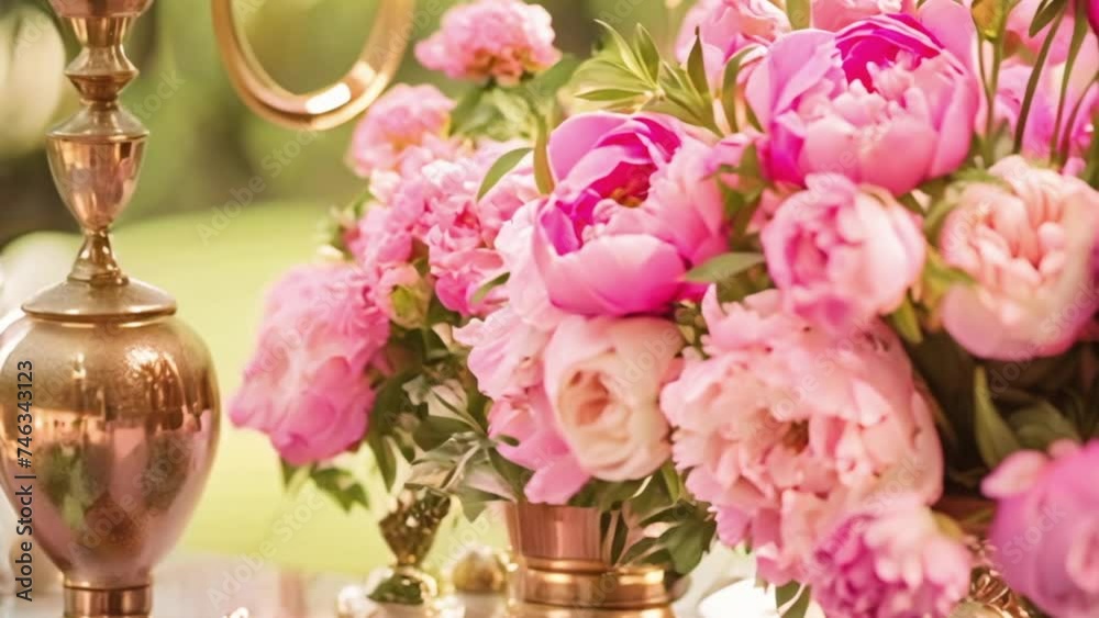 Wedding decoration with peonies, floral decor and event celebration, peony flowers and wedding ceremony in the garden, English country style Wedding decoration with peonies, floral decor and event celebration, peony flowers and wedding ceremony in the garden, English country style