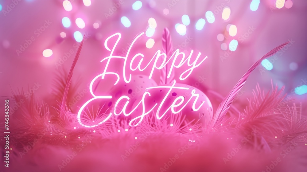 Happy Easter -calligraphy lettering on pink background with Easter eggs and feathers
