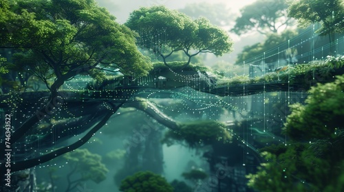 Illustrate the dynamic interplay between technology and nature  showcasing sustainable innovation