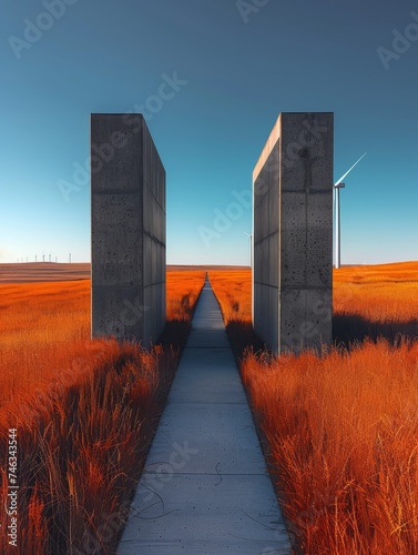 Concrete Pillars Marking a Path in a Field photo
