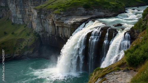 A dramatic waterfall cascading down rugged cliffs.