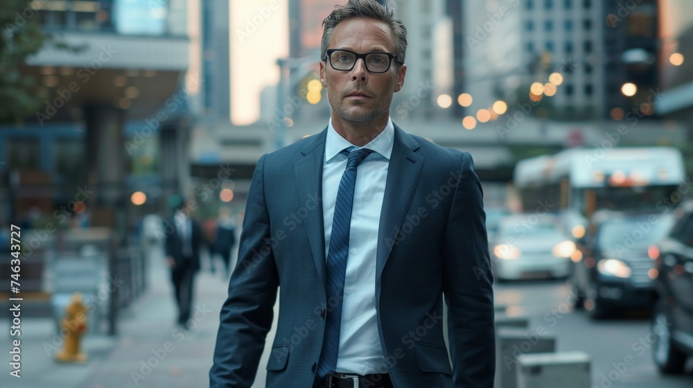 A professional businessman in a suit standing confidently in a bustling city street at dusk.