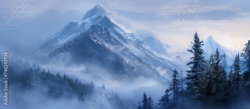A painting depicting a majestic mountain peak enveloped in dense fog. The mist swirls around the rugged terrain, shrouding the peak in a mysterious and ethereal atmosphere.