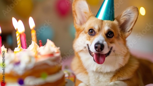 A joyful Pembroke Welsh Corgi wearing a party hat, celebrating with a colorful birthday cake. © tashechka