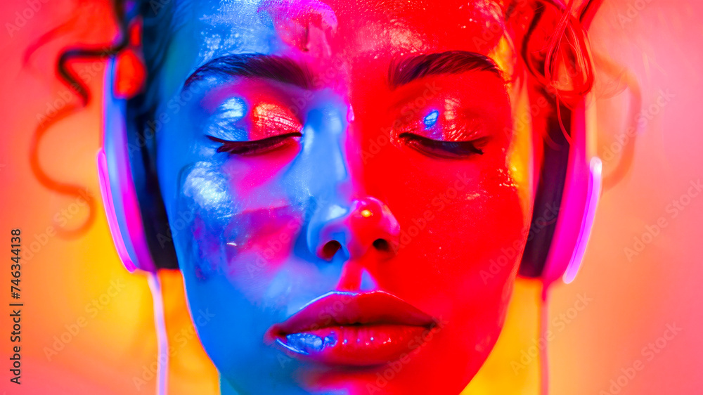 Vibrant Neon Portrait of Woman with Headphones.