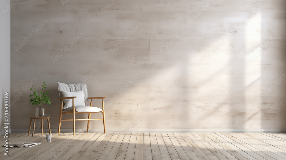 Jasny salon z dużym oknem i wpadającym światłem w kolorze kości słoniowej i beżu. Sofa i ściana. Miejsce na prezentację produktu - obraz, mockup.