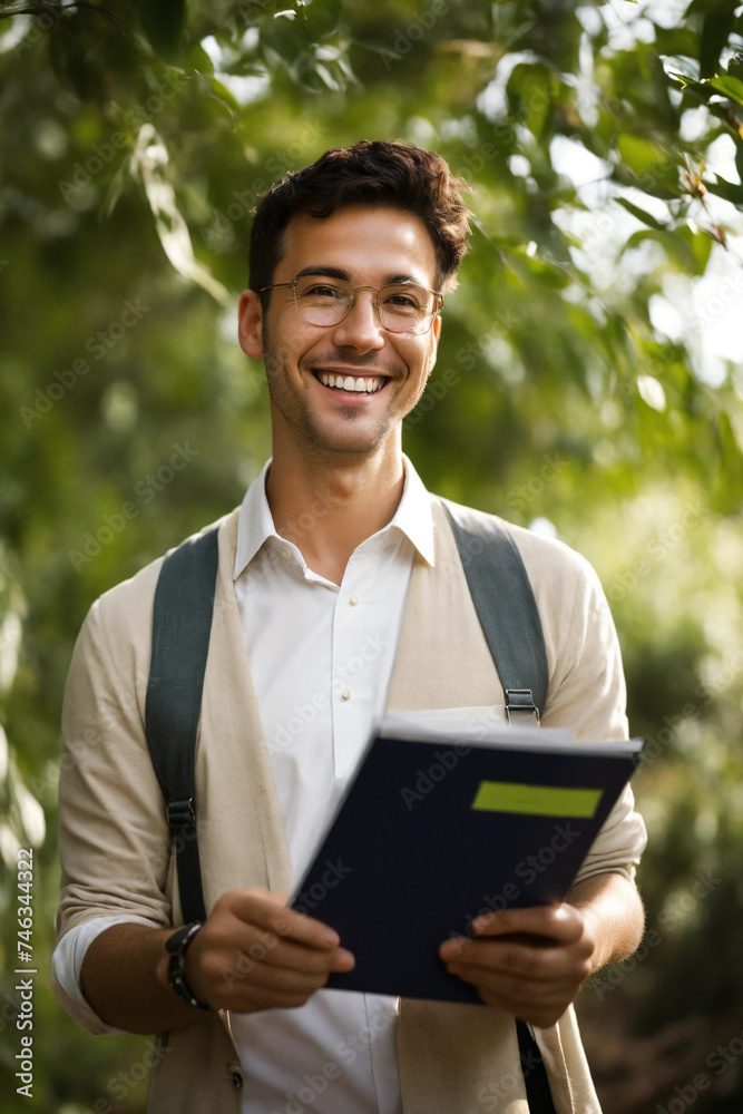 smiling architect person holding the checklist in a sustainable environment. natural, light colors, warm