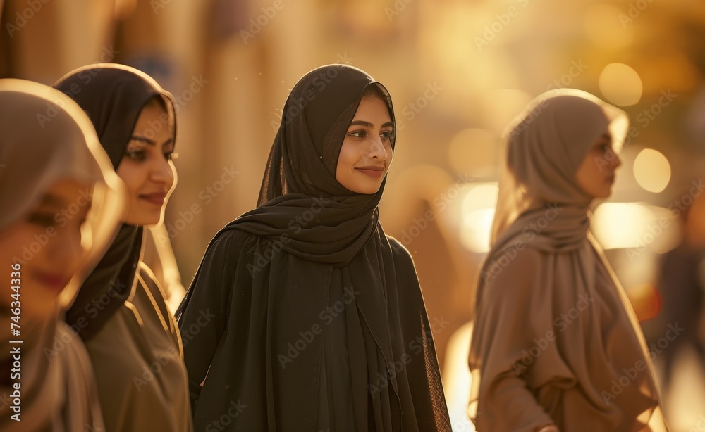 Three Arabic young women in stylish hijabs, exuding confidence, and sisterhood. Modern beauty infused with cultural pride. Diversity, fashion, friendship, empowerment of global cultures.