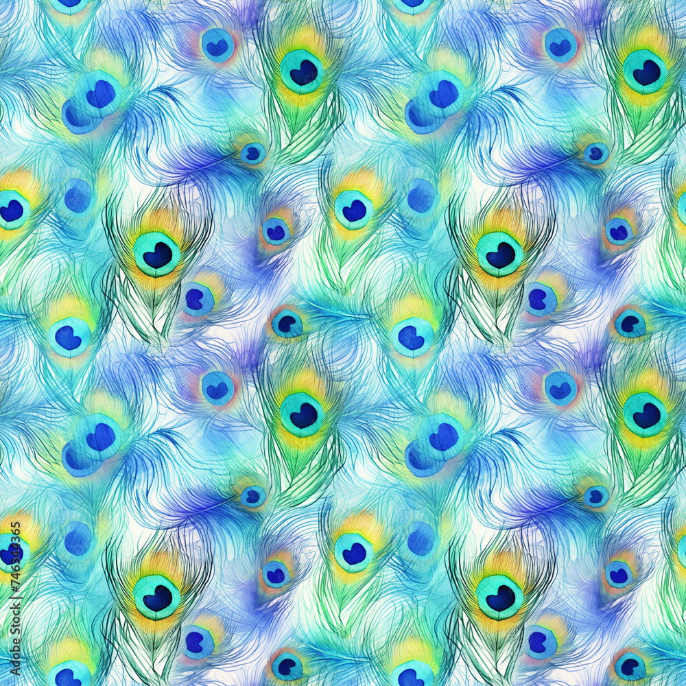 Obraz premium Watercolor Peacock Feather Seamless Pattern, Aquarelle Plumage, Watercolor Exotic Feather Tile