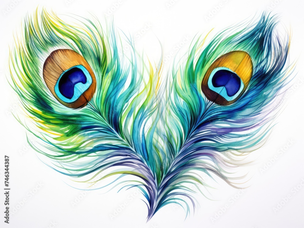 Obraz premium Watercolor Peacock Feather Isolated, Aquarelle Plumage, Creative Watercolor Exotic Feather Texture