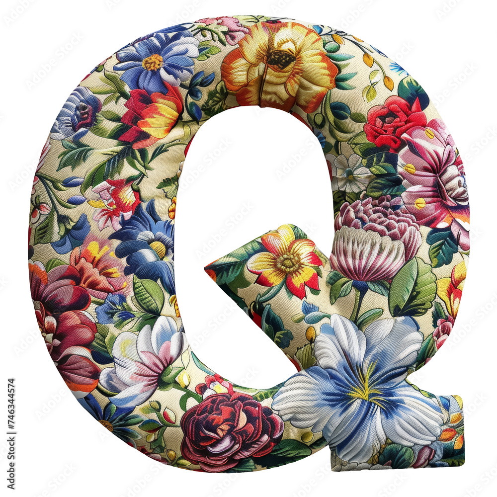 Floral Pattern Fabric Letter Q Isolated on Transparent or White Background, PNG