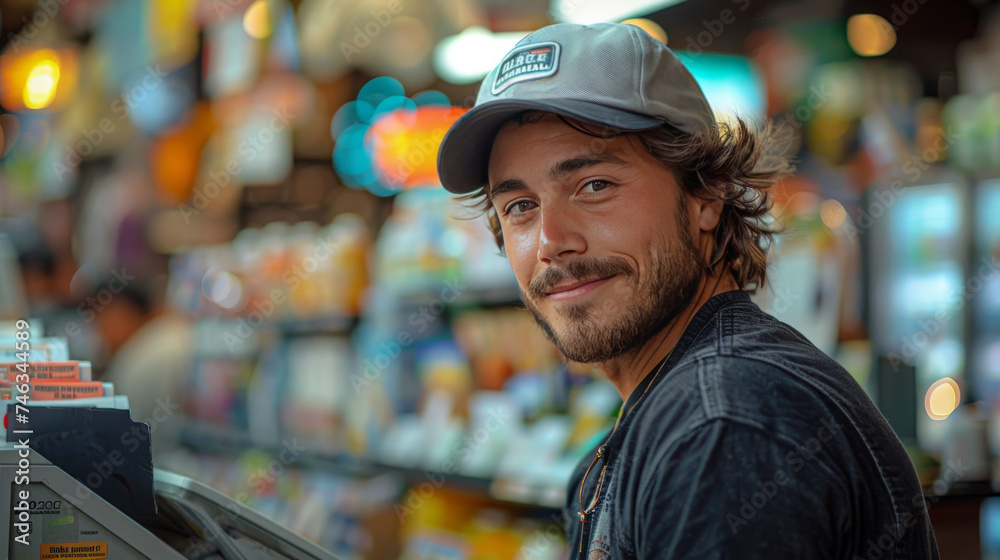 Cashier Posing with His Register and Money in a Selfie Cashier Posing with His Register and Money in a Selfie