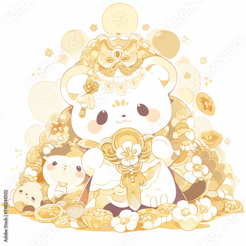 Adorable teddy bear styled as Nang Kwak, Thai goddess of wealth, sitting with a welcoming paw gesture, surrounded by gold coins