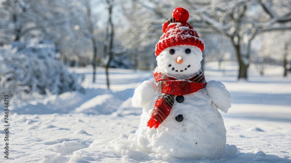 A delightful snowman adorned with a red and black hat and scarf smiles on a bright winter day, surrounded by a snowy landscape. A delightful snowman adorned with a red and black hat and scarf smiles on a bright winter day, surrounded by a snowy landscape.