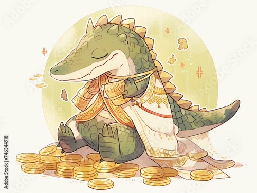 Cute crocodile embodying Nang Kwak, adorned in traditional Thai attire, sitting serenely with gold coins scattered around its tail