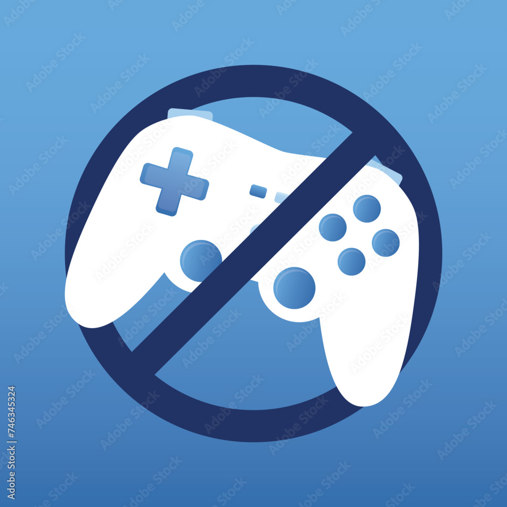 No gaming sign. White game joystick icon. Forbidden sign. Game is prohibited. No games poster. Stop play video games. Gamepad, joystick icon in prohibition symbol. No gaming sign. White game joystick icon. Forbidden sign. Game is prohibited. No games poster. Stop play video games. Gamepad, joystick icon in prohibition symbol.