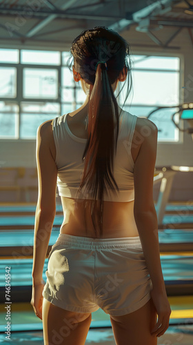 Vertical back body view of an asian girl wearing white sportswear in a gym