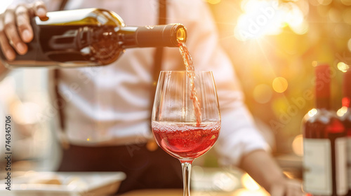 Waiter pouring a glass of red wine into a wine glass