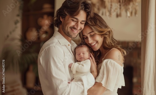New Parents Holding Their Sleeping Newborn Baby, a Perfect Moment of Family Bliss