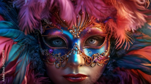 Close-up of a woman wearing an ornate Venetian mask surrounded by a plume of vibrant feathers.