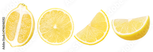 slice lemon fruit and half isolated, Fresh and Juicy Lemon, transparent PNG, PNG format
