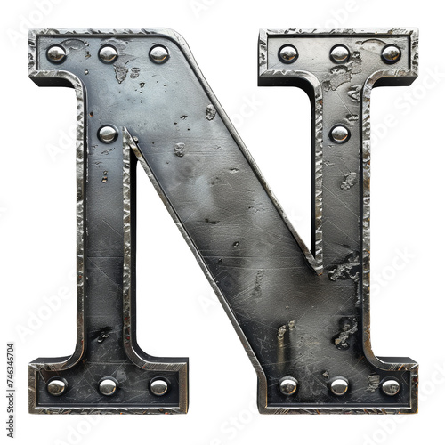 Sleek Metal letter N Isolated on Transparent or White Background, PNG