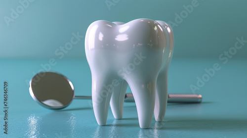 illustration of 3d healthy white tooth and a dentist mirror against a blue background,generative ai