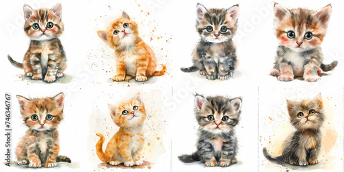 set of cute kittens in watercolor on isolated background cartoon clipart, generated ai