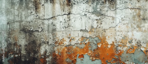 The photo captures a weathered cracked concrete wall covered in abstract orange and gray paint strokes and stains. The contrast between the rusted metal and vibrant colors creates a unique visual