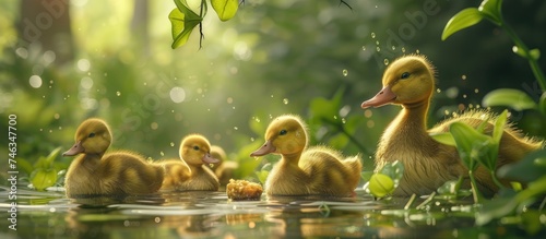 A group of ducks, including ducklings, are floating on the surface of a body of water. The ducks are peacefully swimming, with some of them diving down to gather food from the water. The lush green © 2rogan