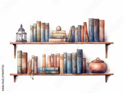 Shelves with Old books, watercolor