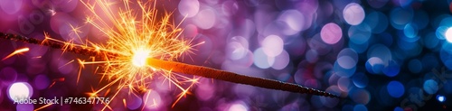 A closeup of a vibrant orange sparkler  its intense light casting a warm glow  set against a background of deep purple and blue bokeh lights  symbolizing the transition from the old year to the new.