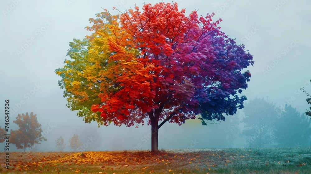 An isolated tree displaying a stunning array of colors, as if each leaf were a stroke on an artist's palette.